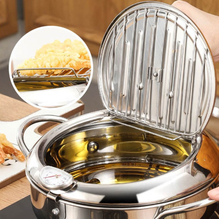 Freidora de acero inoxidable – olla para tempura con tapa y termómetro incorporado