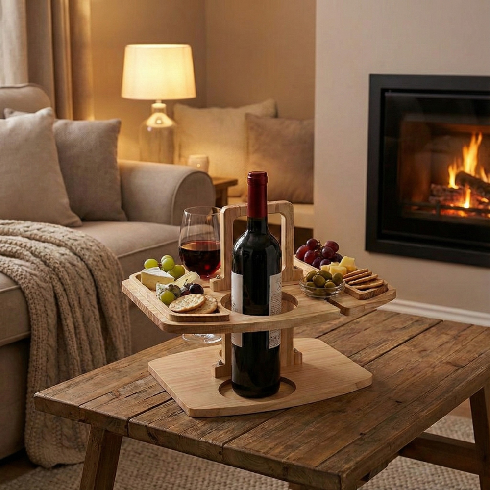Mesa de Vino de Madera para Picnic y Aperitivo | Mesa de Vino y Aperitivos de Lujo para Exterior