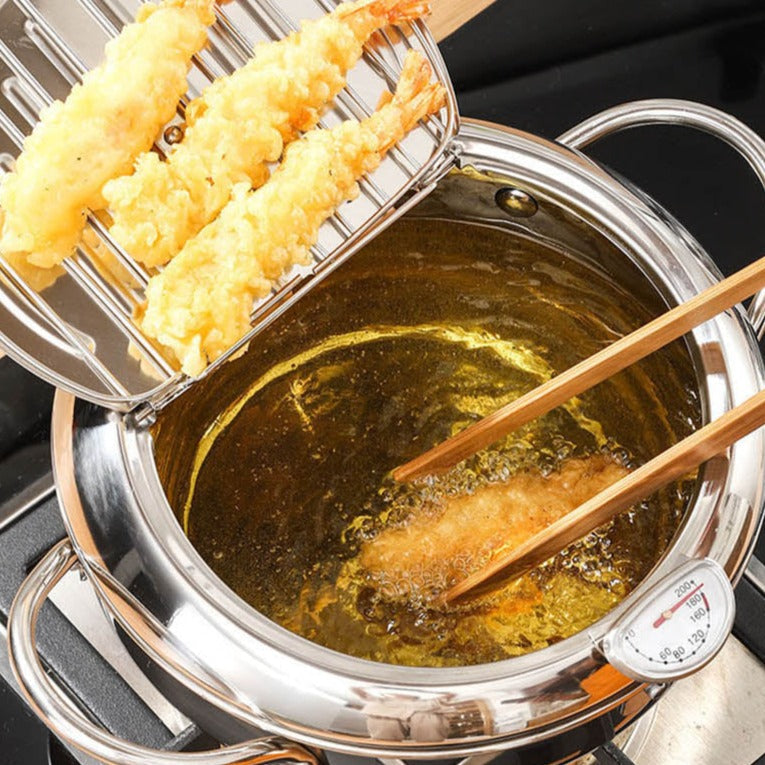 Freidora de acero inoxidable – olla para tempura con tapa y termómetro incorporado