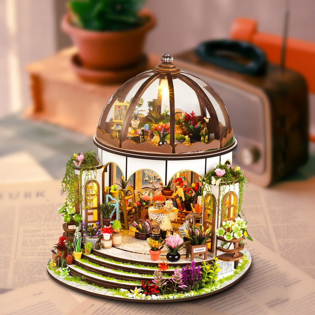 Miniatura Casa de Flores – Rompecabezas 3D de Madera con Iluminación LED y Jardín Detallado