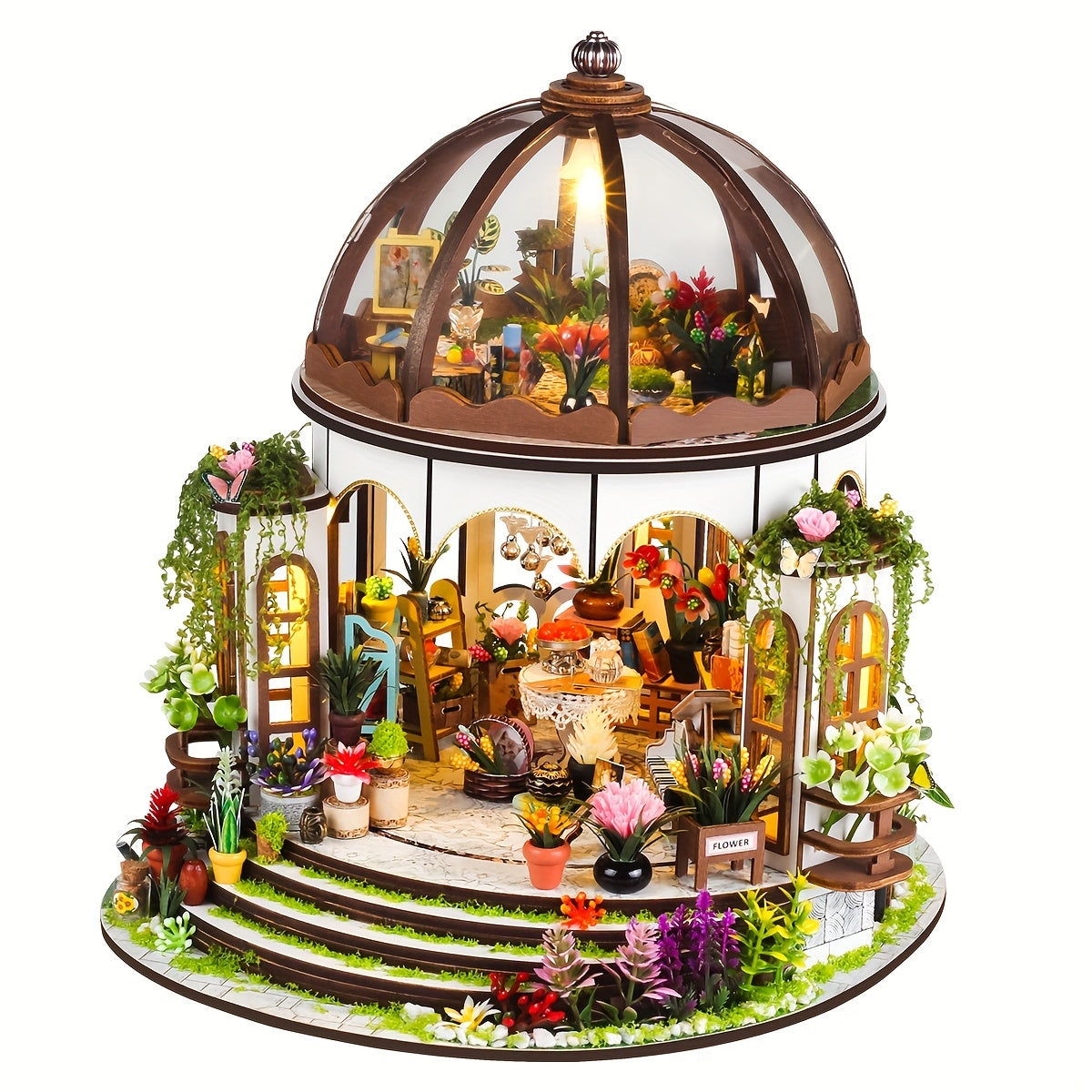 Miniatura Casa de Flores – Rompecabezas 3D de Madera con Iluminación LED y Jardín Detallado