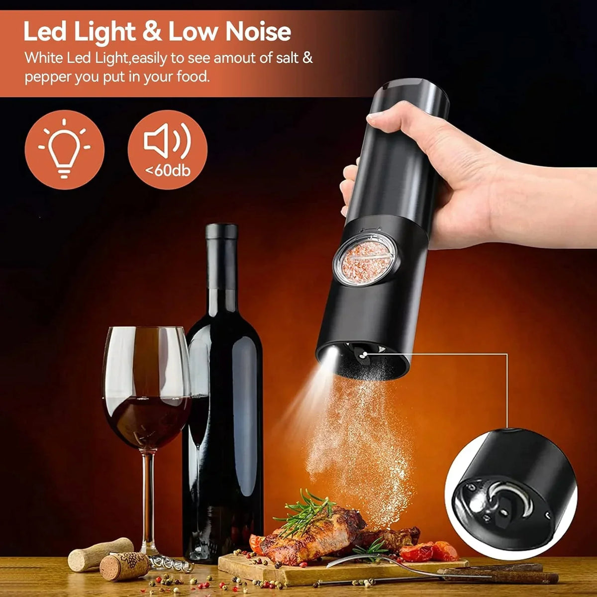 Molino de sal y pimienta eléctrico elegante con batería