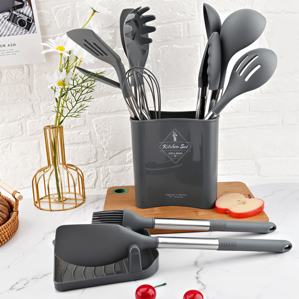 Juego de Utensilios de Cocina de Silicona de 12 Piezas Resistente al Calor con Mango de Acero Inoxidable y Soporte