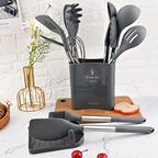 Juego de Utensilios de Cocina de Silicona de 12 Piezas Resistente al Calor con Mango de Acero Inoxidable y Soporte