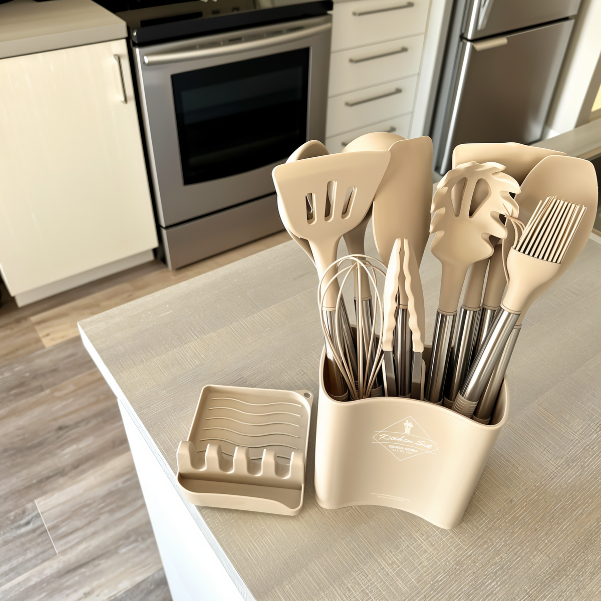 Juego de Utensilios de Cocina de Silicona de 12 Piezas Resistente al Calor con Mango de Acero Inoxidable y Soporte