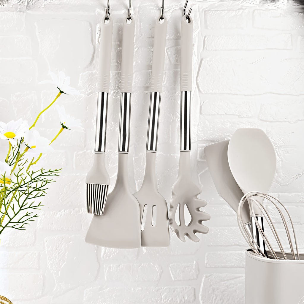 Juego de Utensilios de Cocina de Silicona de 12 Piezas Resistente al Calor con Mango de Acero Inoxidable y Soporte