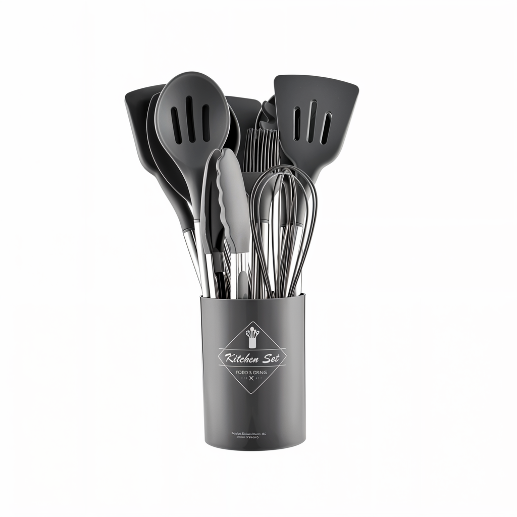 Juego de Utensilios de Cocina de Silicona de 12 Piezas Resistente al Calor con Mango de Acero Inoxidable y Soporte