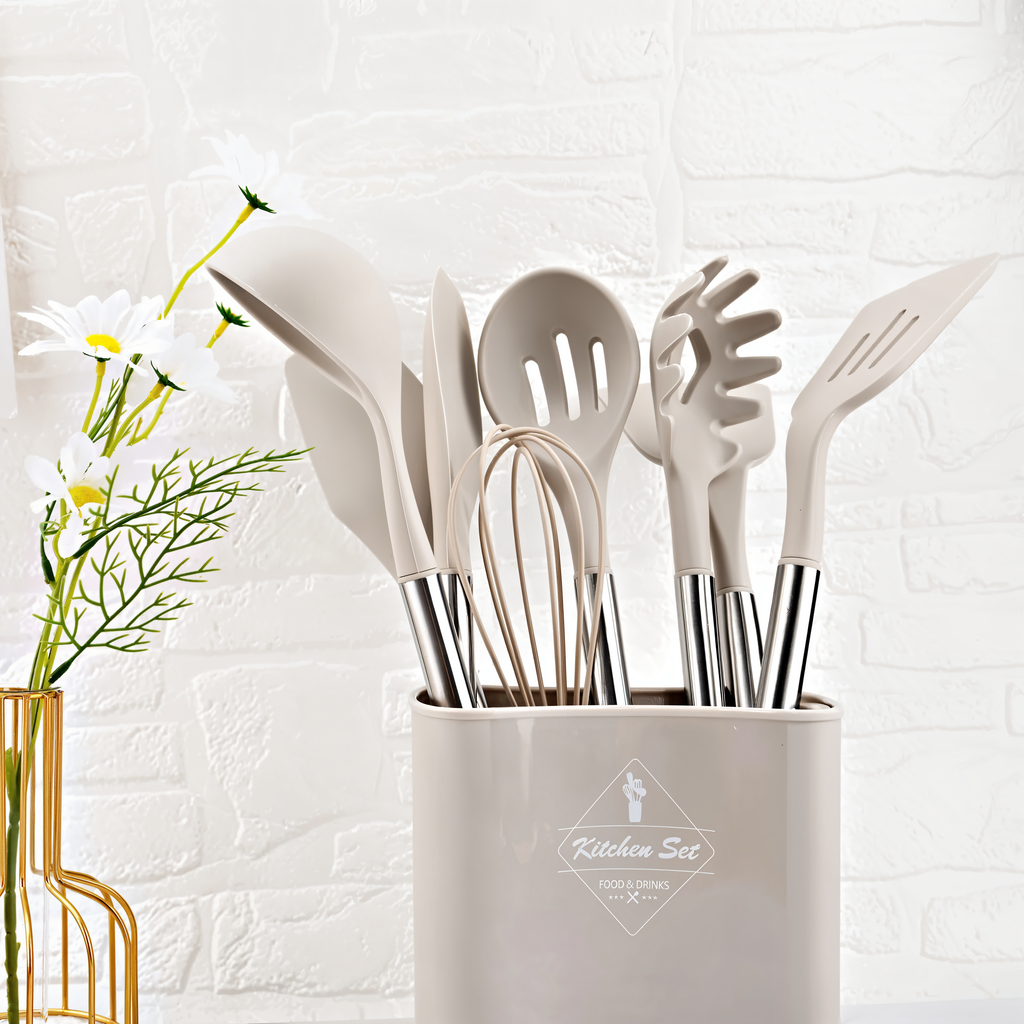 Juego de Utensilios de Cocina de Silicona de 12 Piezas Resistente al Calor con Mango de Acero Inoxidable y Soporte