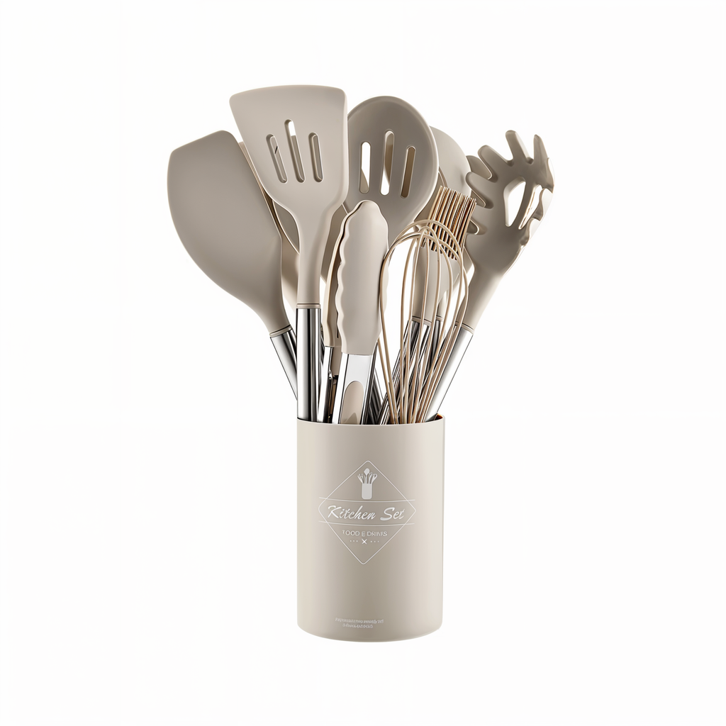 Juego de Utensilios de Cocina de Silicona de 12 Piezas Resistente al Calor con Mango de Acero Inoxidable y Soporte