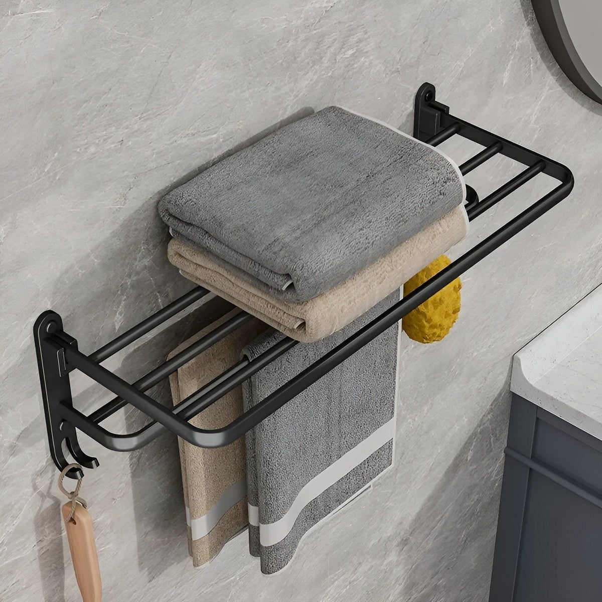 Soporte de toalla plegable con ganchos – Ahorra espacio y versátil | Ideal para baño y cocina