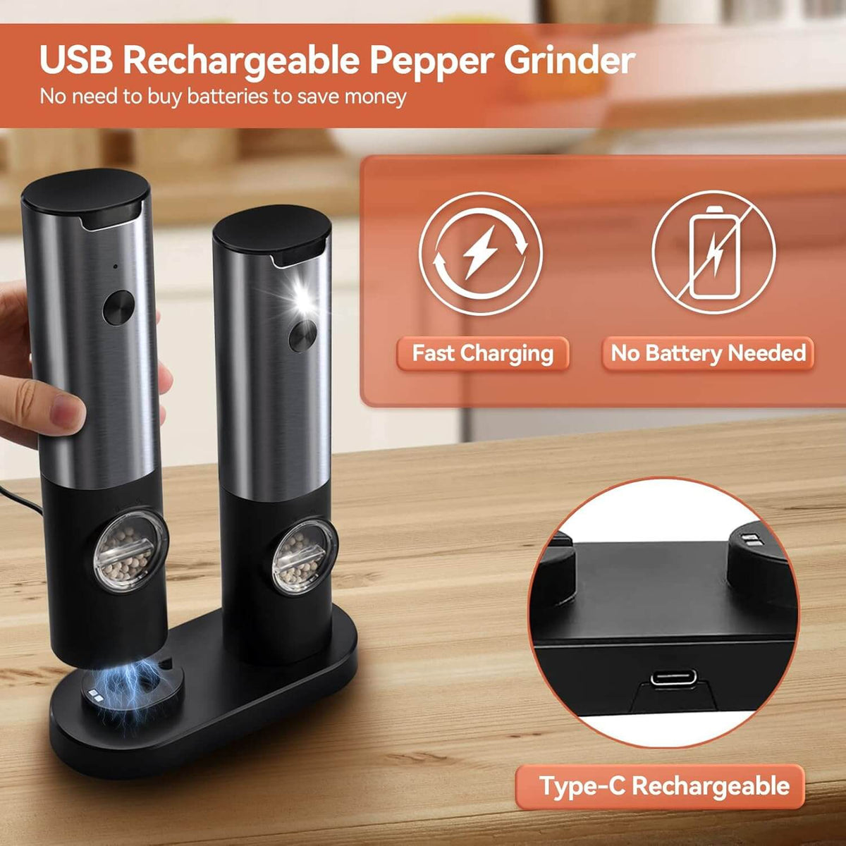 Conjunto de Molinillos de Sal y Pimienta Eléctricos Recargables Royallure – Molienda Ajustable, Carga USB