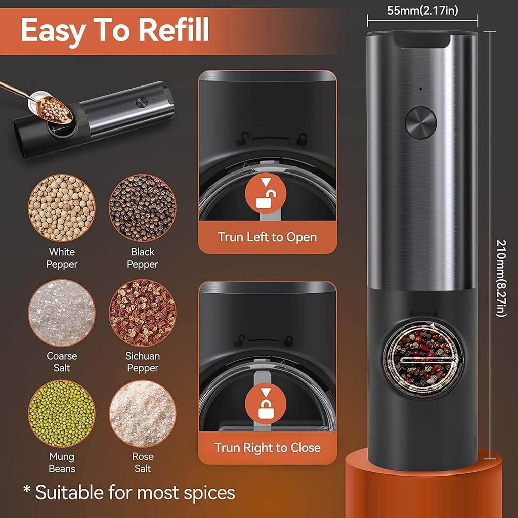 Conjunto de Molinillos de Sal y Pimienta Eléctricos Recargables Royallure – Molienda Ajustable, Carga USB