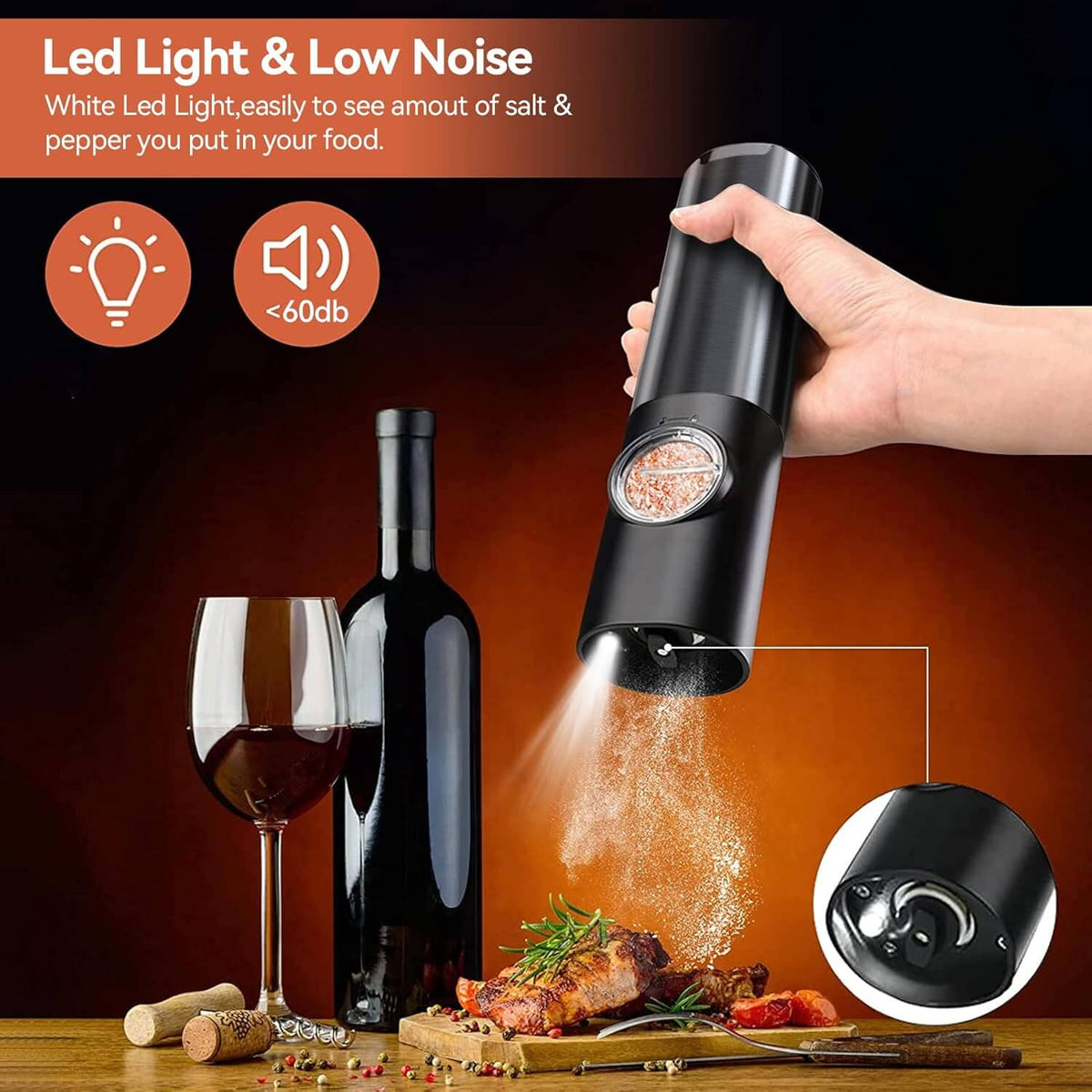 Conjunto de Molinillos de Sal y Pimienta Eléctricos Recargables Royallure – Molienda Ajustable, Carga USB