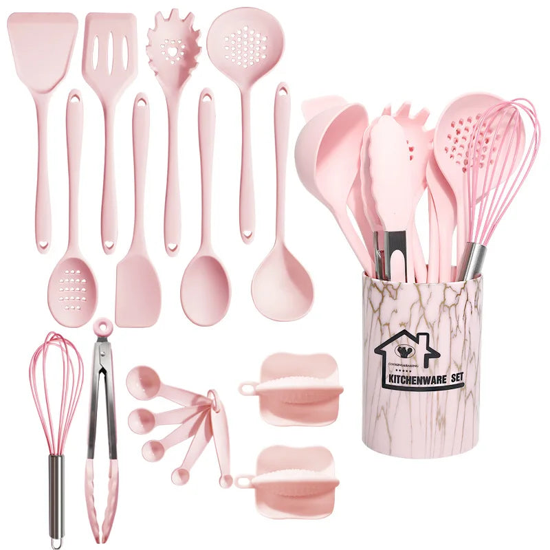 Set de Utensilios de Cocina de Silicona Carvallo Rosa | 18 piezas | Apto para alimentos y Resistente al Calor | Cucharón, Espátula, Cucharas Medidoras y más