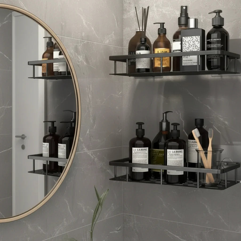 Estante de Baño Autoadhesivo Sin Taladrar ABS Acero Inoxidable Estante de Esquina Ducha Escandinavo Moderno