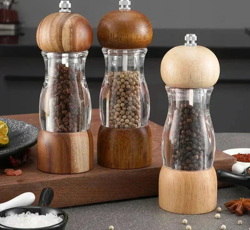 Juego de molinillo de pimienta y molinillo de sal de madera y vidrio – Elegantes molinillos de especias para la cocina