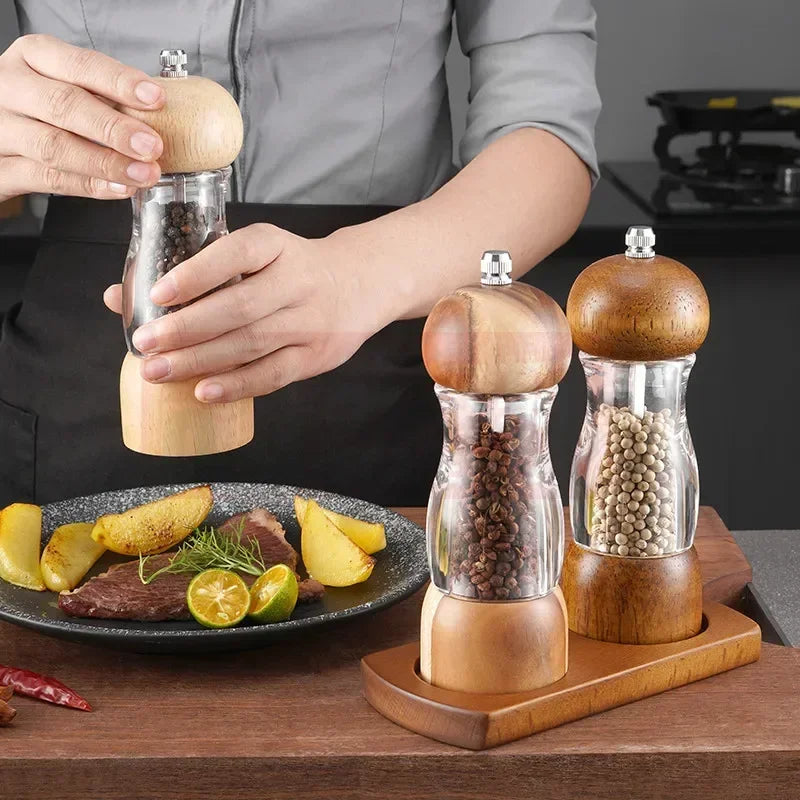 Juego de molinillo de pimienta y molinillo de sal de madera y vidrio – Elegantes molinillos de especias para la cocina