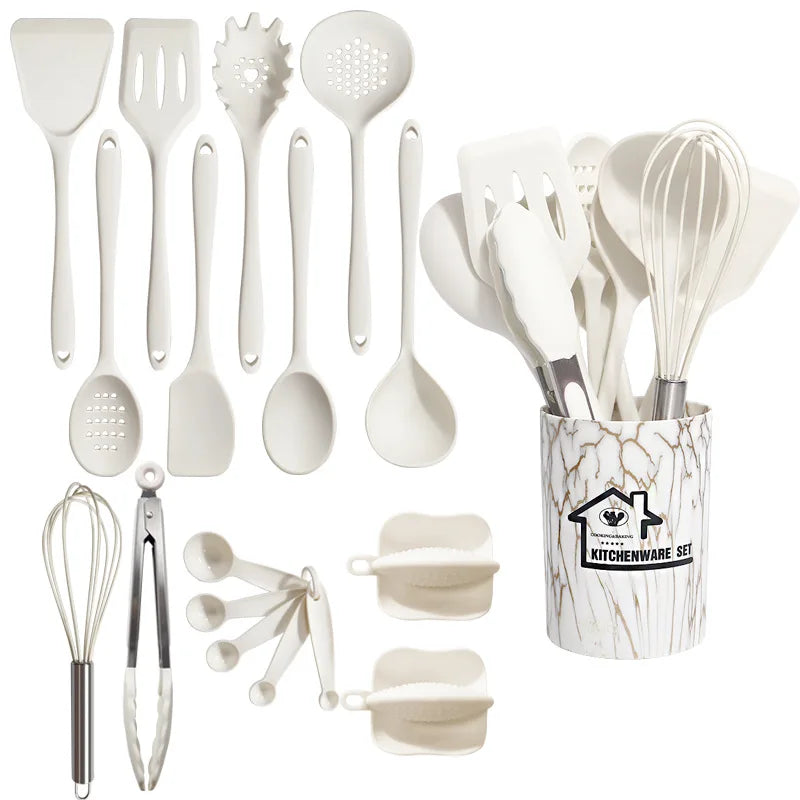 Set de Utensilios de Cocina de Silicona Carvallo Rosa | 18 piezas | Apto para alimentos y Resistente al Calor | Cucharón, Espátula, Cucharas Medidoras y más