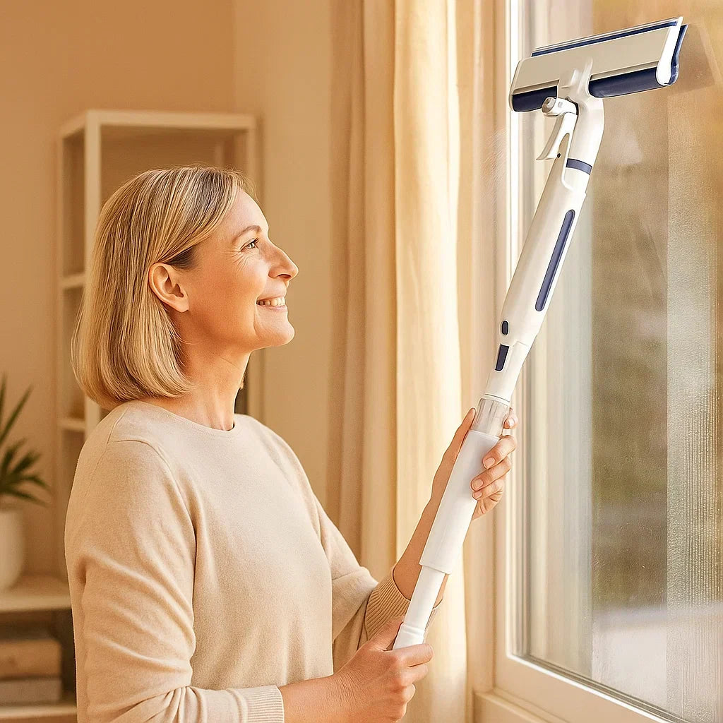 Limpiador de ventanas telescópico 3 en 1 con dispositivo de spray y recipiente integrado