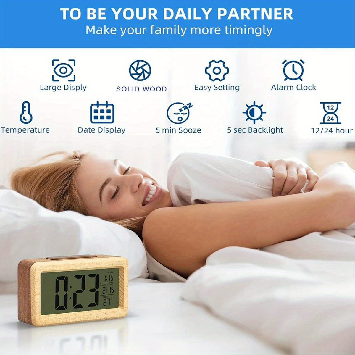 Reloj Despertador Digital de Madera – Pantalla LED con Temperatura y Fecha