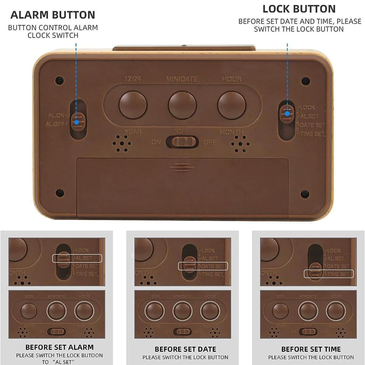 Reloj Despertador Digital de Madera – Pantalla LED con Temperatura y Fecha