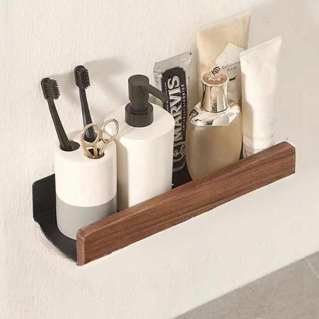 Estante de pared de baño de madera maciza – Sin perforaciones, diseño natural
