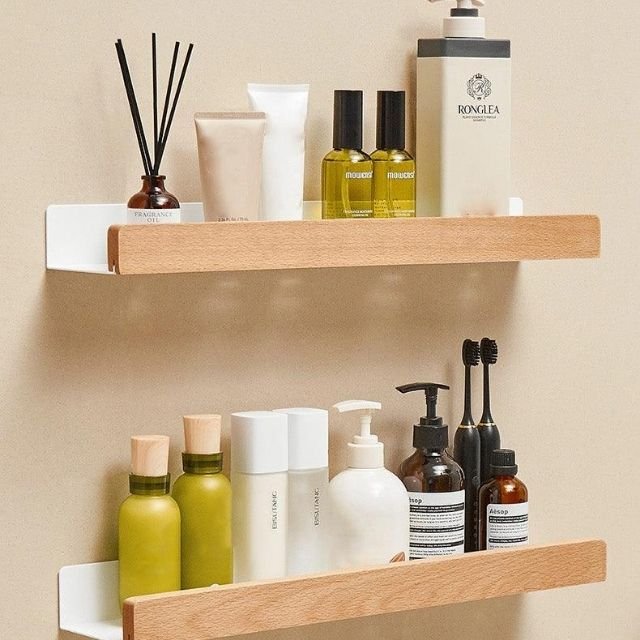 Estante de pared de baño de madera maciza – Sin perforaciones, diseño natural