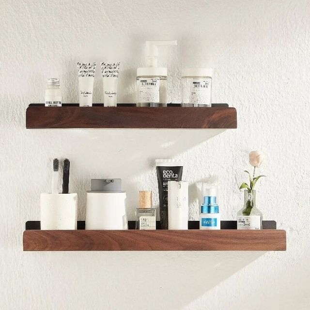 Estante de pared de baño de madera maciza – Sin perforaciones, diseño natural