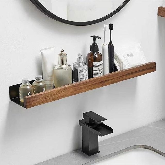 Estante de pared de baño de madera maciza – Sin perforaciones, diseño natural
