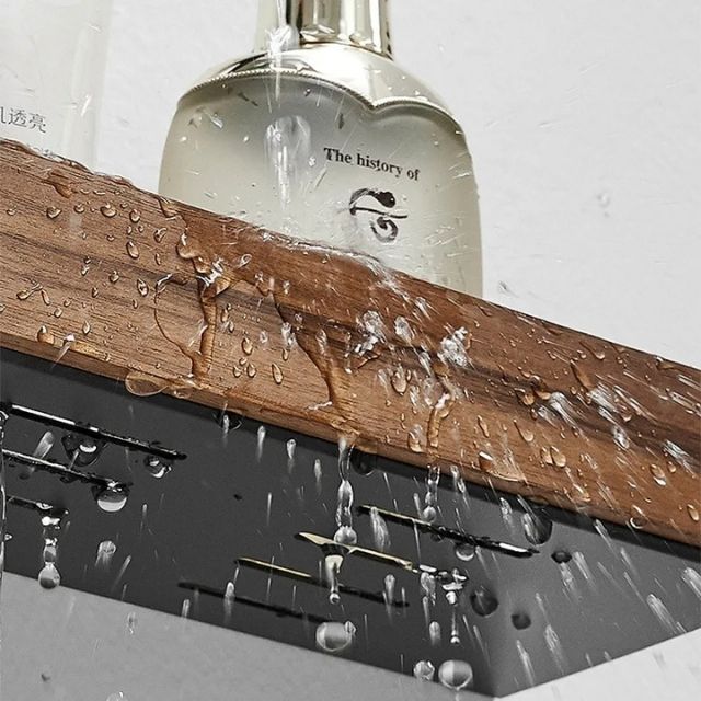 Estante de pared de baño de madera maciza – Sin perforaciones, diseño natural