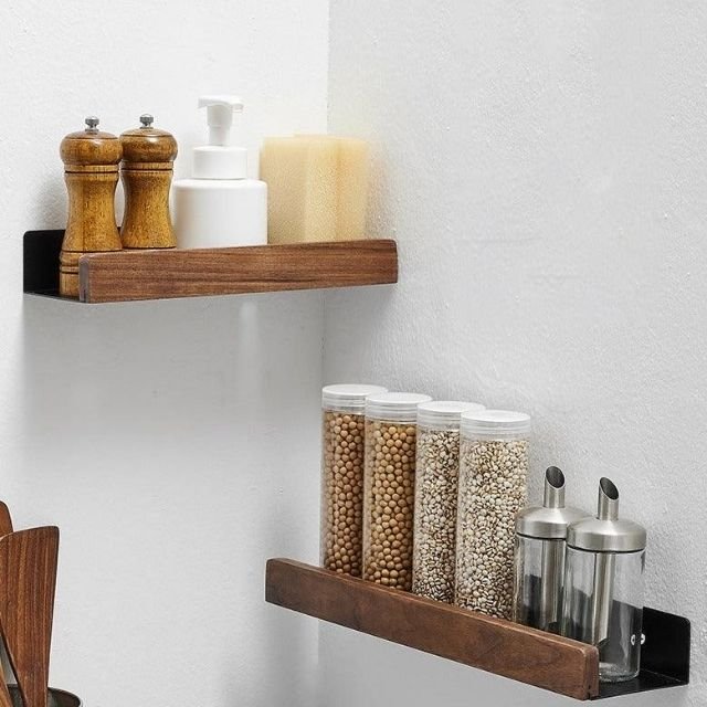 Estante de pared de baño de madera maciza – Sin perforaciones, diseño natural