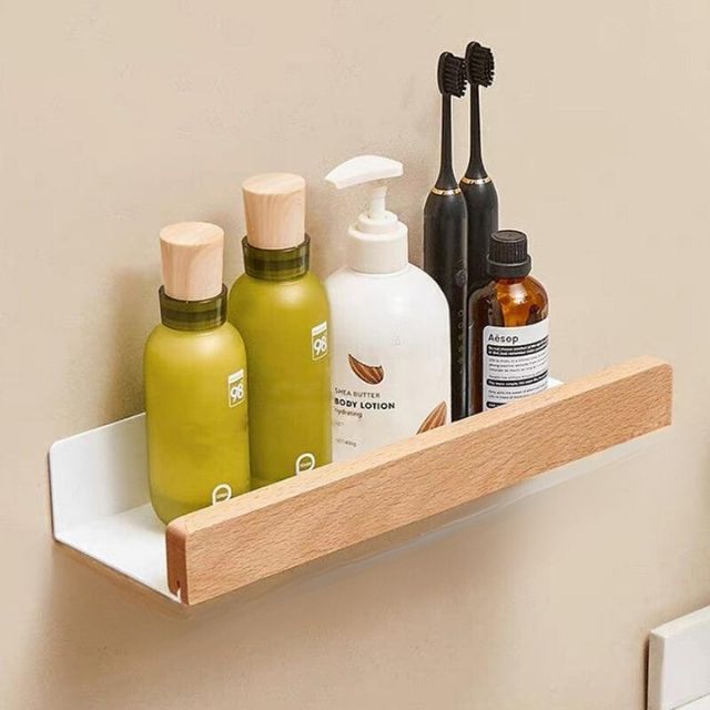 Estante de pared de baño de madera maciza – Sin perforaciones, diseño natural