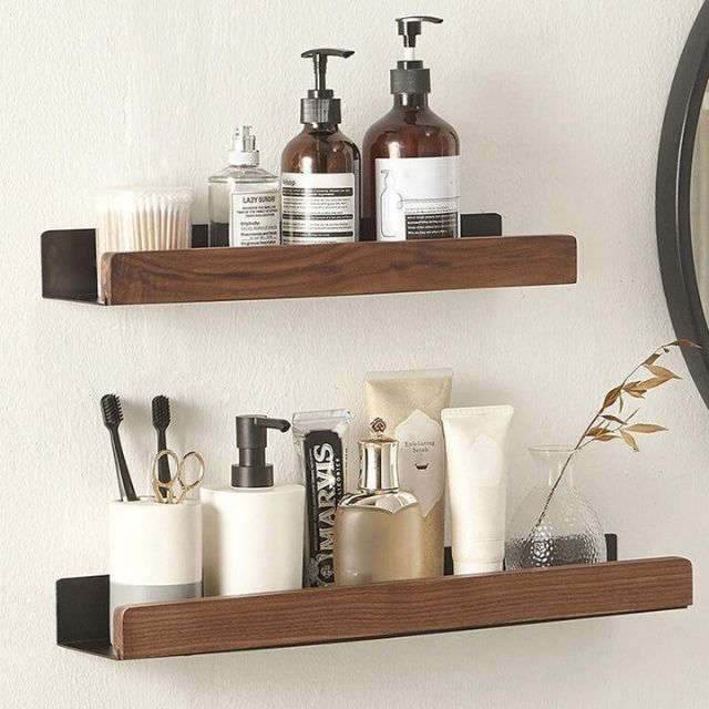 Estante de pared de baño de madera maciza – Sin perforaciones, diseño natural