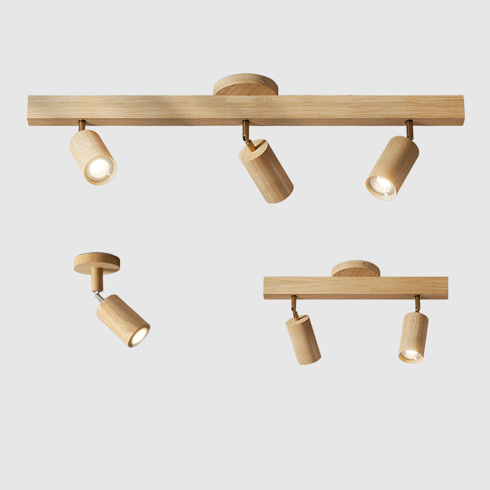 Spot de Techo de Madera Maciza Ajustable Blanco Roble Nogal Sala de Estar Dormitorio Foco de Superficie Riel Escandinavo Japandi | Sansoti