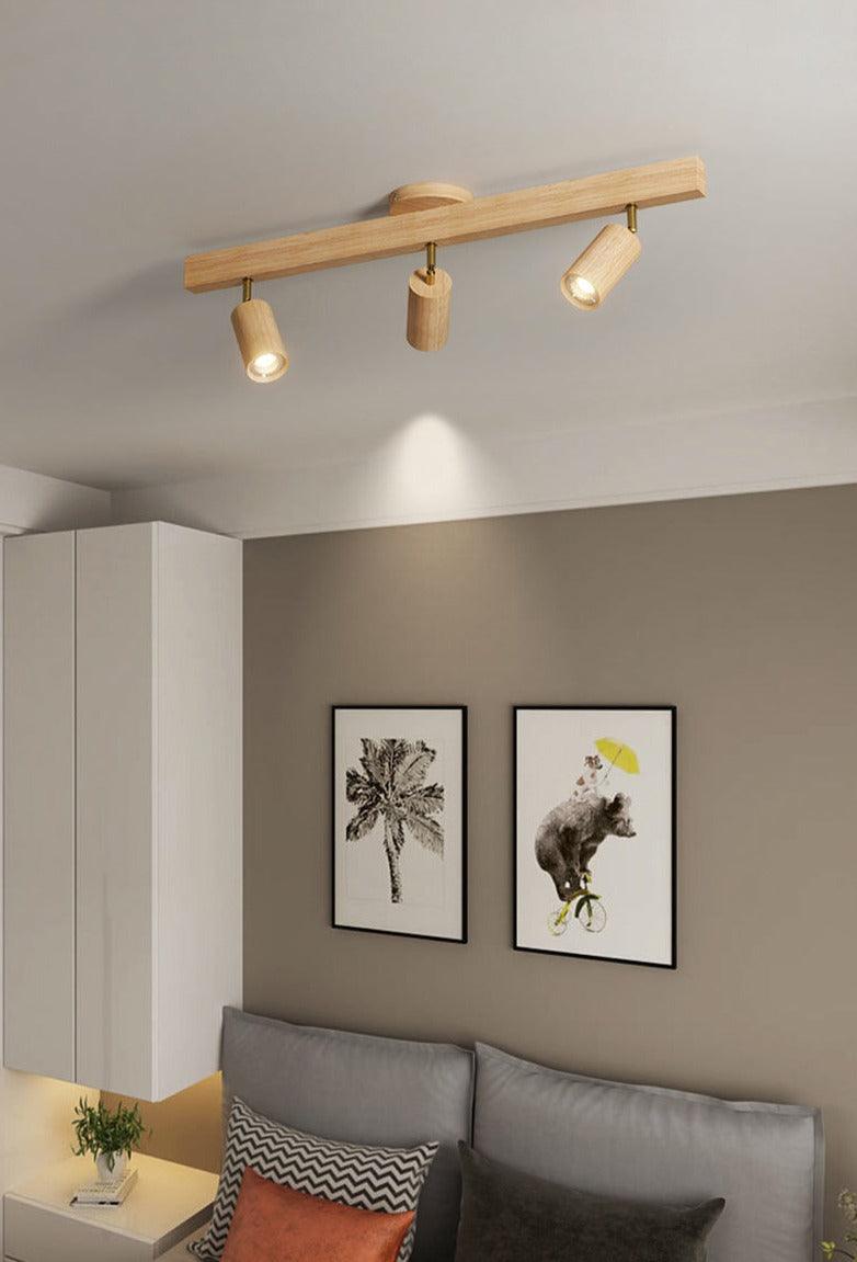 Spot de Techo de Madera Maciza Ajustable Blanco Roble Nogal Sala de Estar Dormitorio Foco de Superficie Riel Escandinavo Japandi | Sansoti