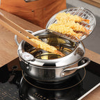 Freidora de acero inoxidable – olla para tempura con tapa y termómetro incorporado