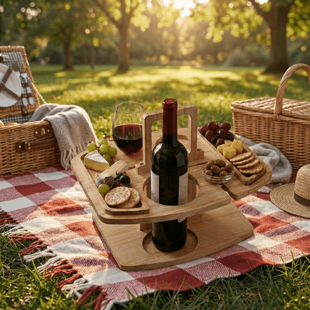 Mesa de Vino de Madera para Picnic y Aperitivo | Mesa de Vino y Aperitivos de Lujo para Exterior