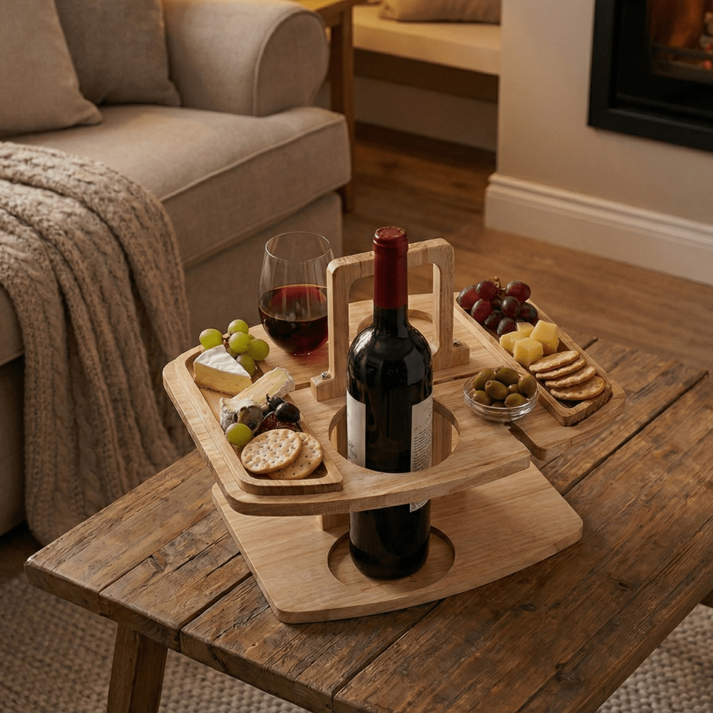 Mesa de Vino de Madera para Picnic y Aperitivo | Mesa de Vino y Aperitivos de Lujo para Exterior