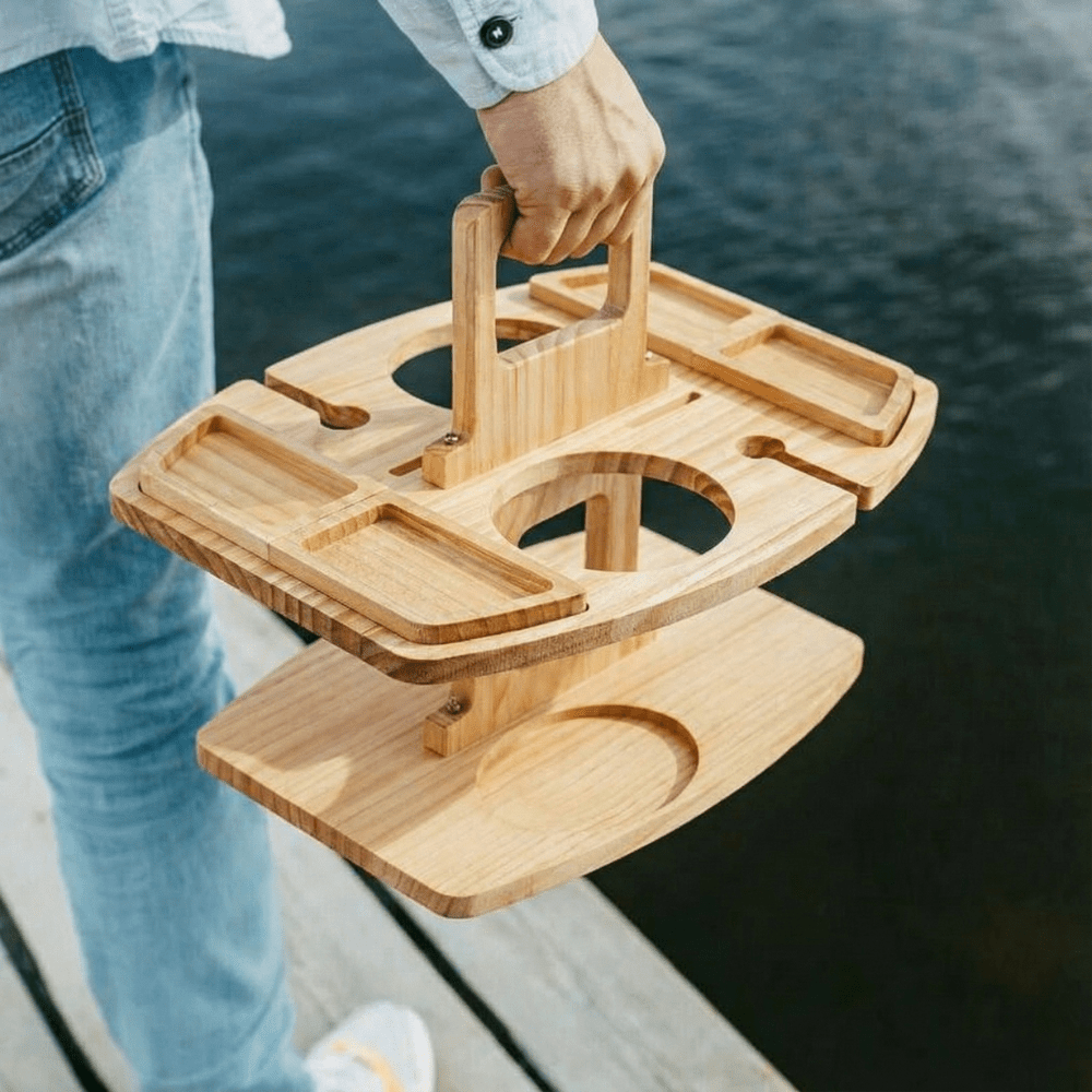 Mesa de Vino de Madera para Picnic y Aperitivo | Mesa de Vino y Aperitivos de Lujo para Exterior