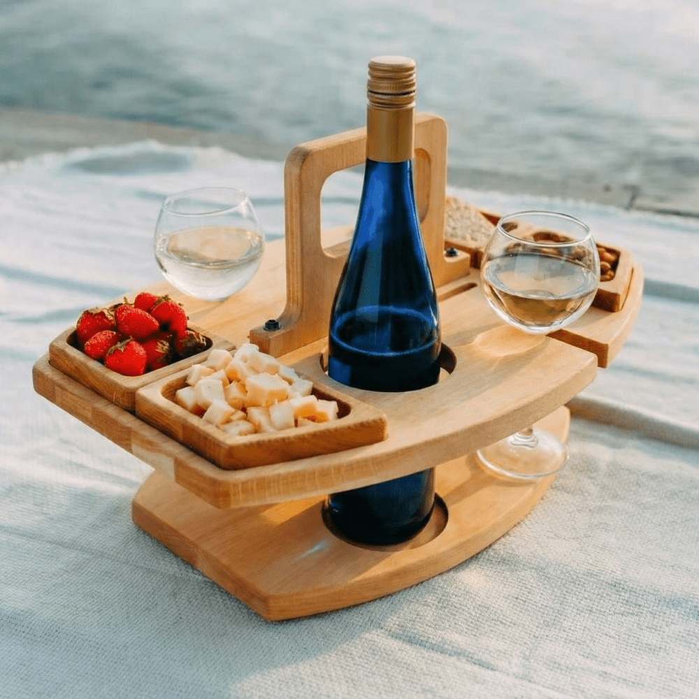 Mesa de Vino de Madera para Picnic y Aperitivo | Mesa de Vino y Aperitivos de Lujo para Exterior